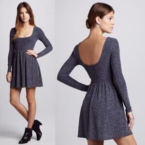 Free People Metallic Skater Long Sleeve Mini Dress Blue Shimmer Disco Size XS